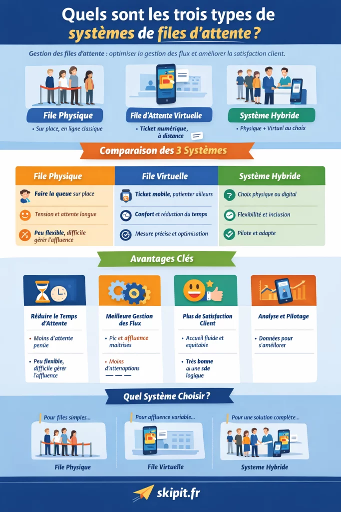 Quels sont les trois types de systèmes de files d’attente